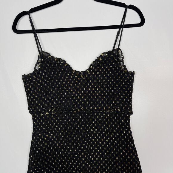 Likely Size 10 Black Gold Zephra Metallic Dot Print Ruffle Mini Dress Cocktail - Picture 3 of 12